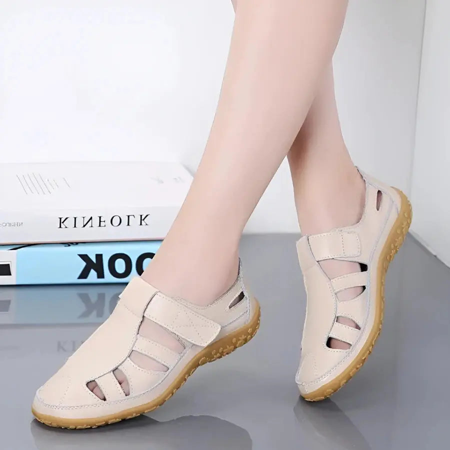 Women’s Closed-Toe Cutout Sandals with Hook-and-Loop Strap and Flat Sole