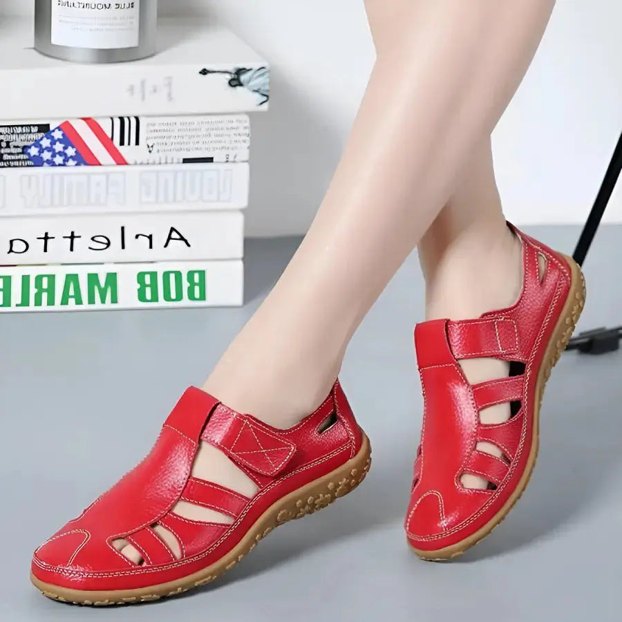 Women’s Closed-Toe Cutout Sandals with Hook-and-Loop Strap and Flat Sole