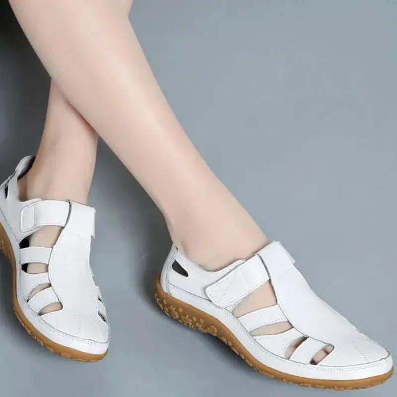Women’s Closed-Toe Cutout Sandals with Hook-and-Loop Strap and Flat Sole