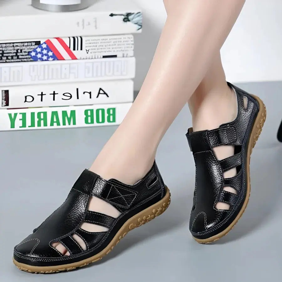 Women’s Closed-Toe Cutout Sandals with Hook-and-Loop Strap and Flat Sole