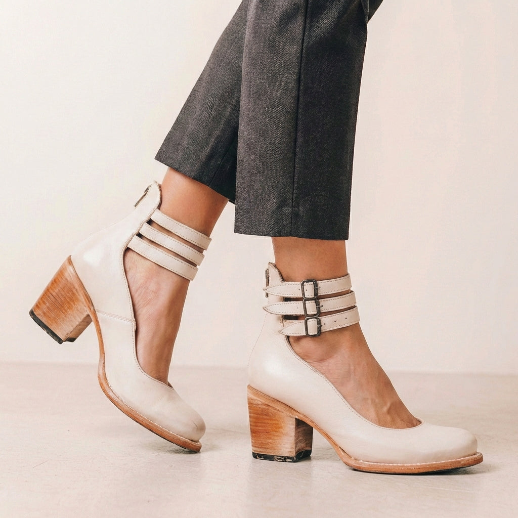 Women’s Rounded Toe Block Heel Pumps with Buckled Ankle Straps and Cut-Out Sides