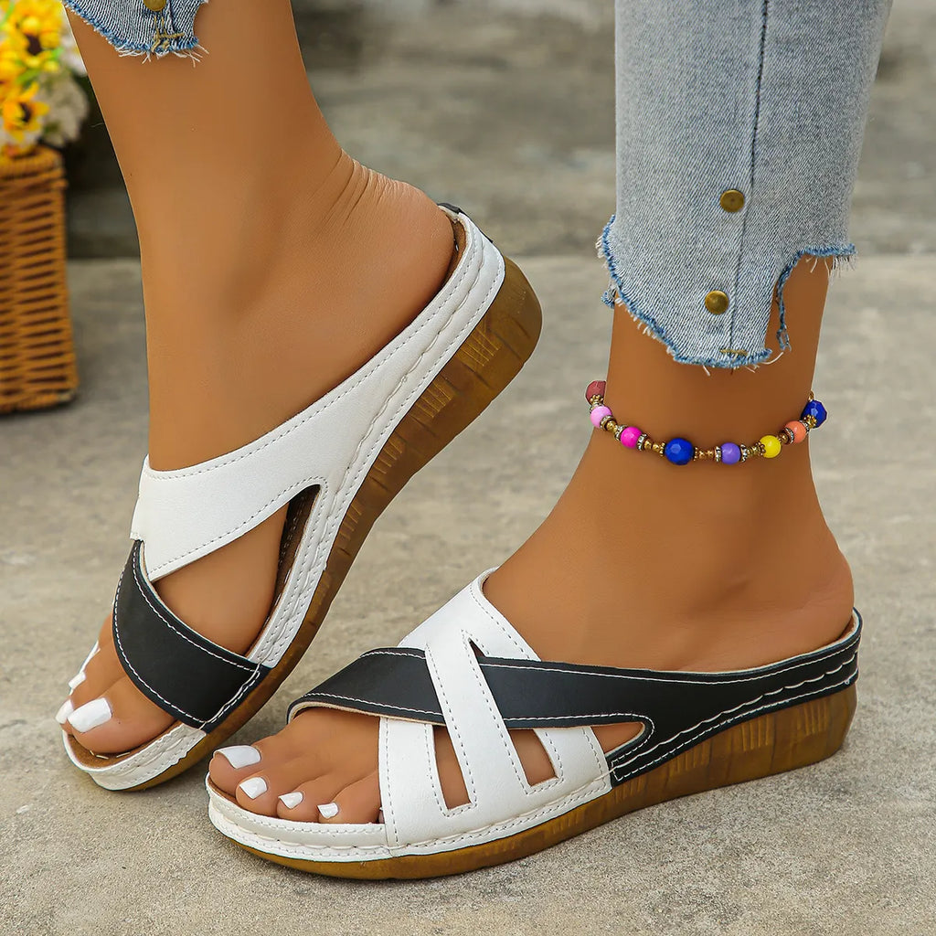Women's Open Toe Wedge Slide Sandals - Crossover Strap - Cutout Detail