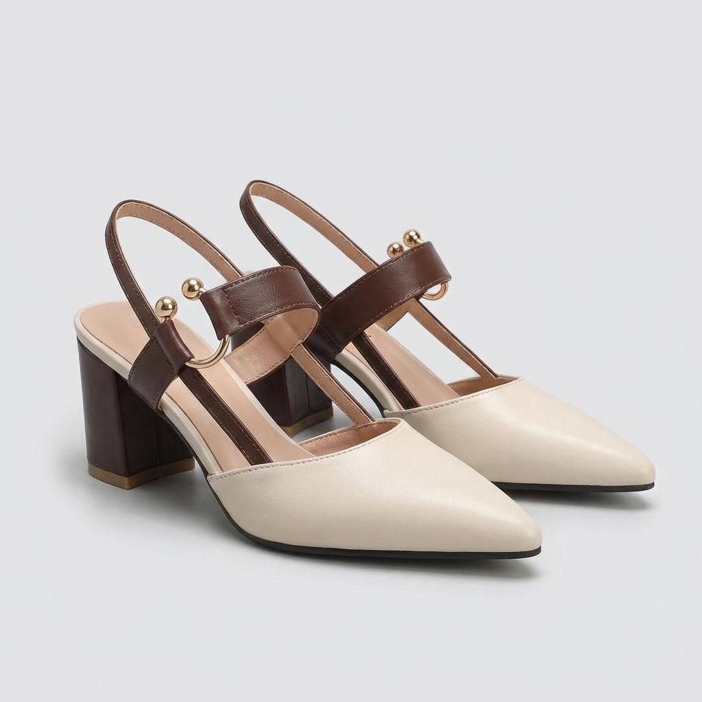 Women’s Pointed Toe Slingback Heeled Shoes with Block Heel and Strap Detail