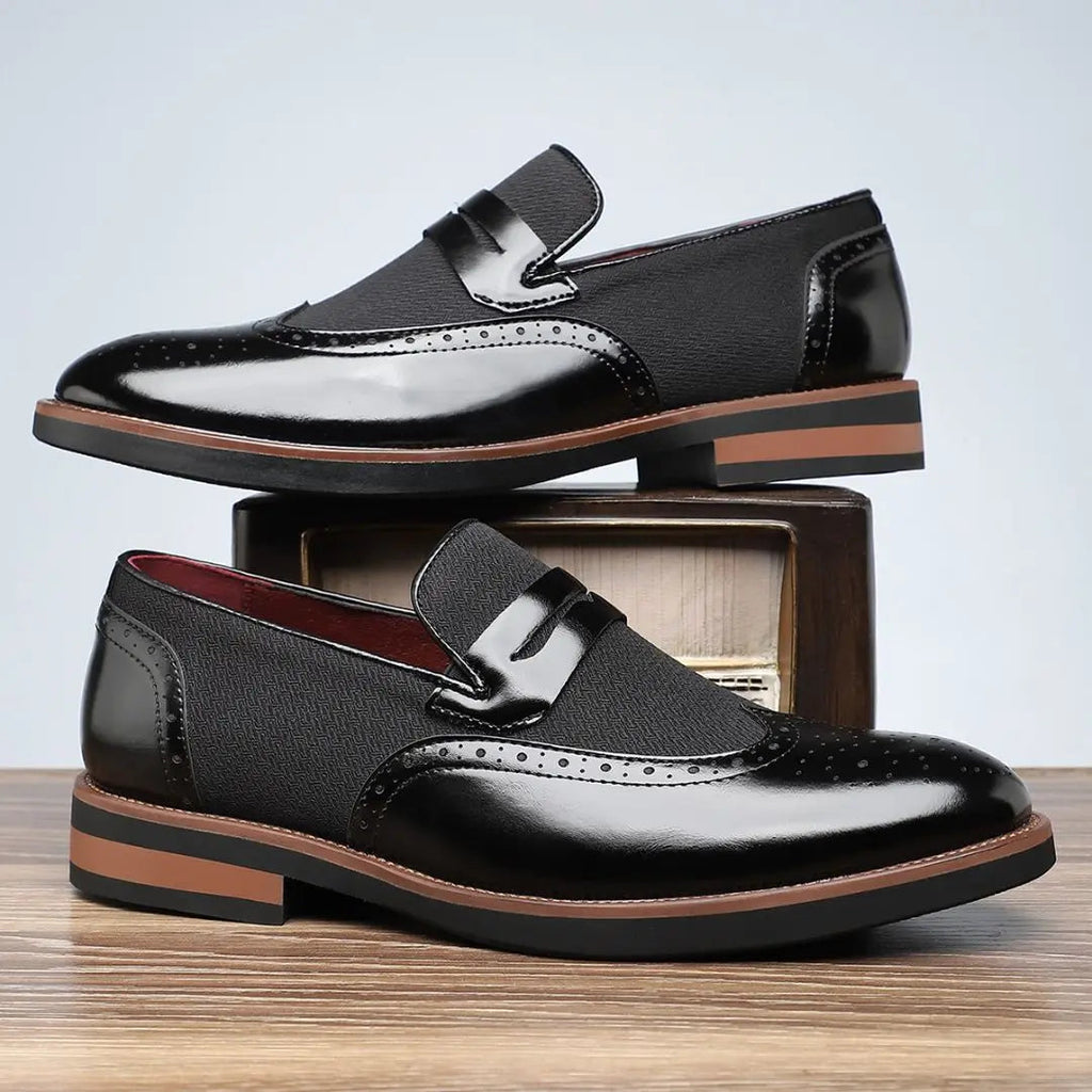 Men's Brogue Detail Slip-On Penny Loafers with Mixed Materials