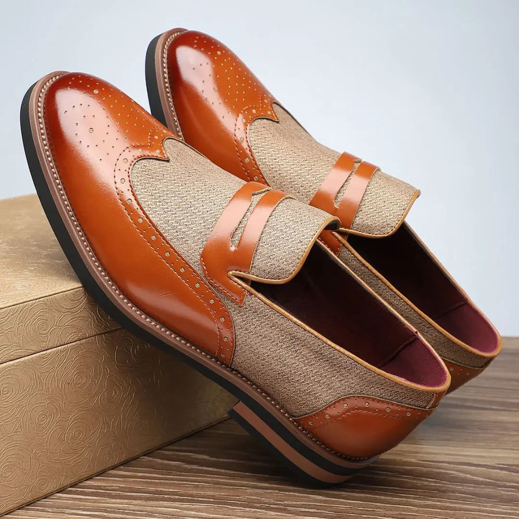 Men's Brogue Detail Slip-On Penny Loafers with Mixed Materials