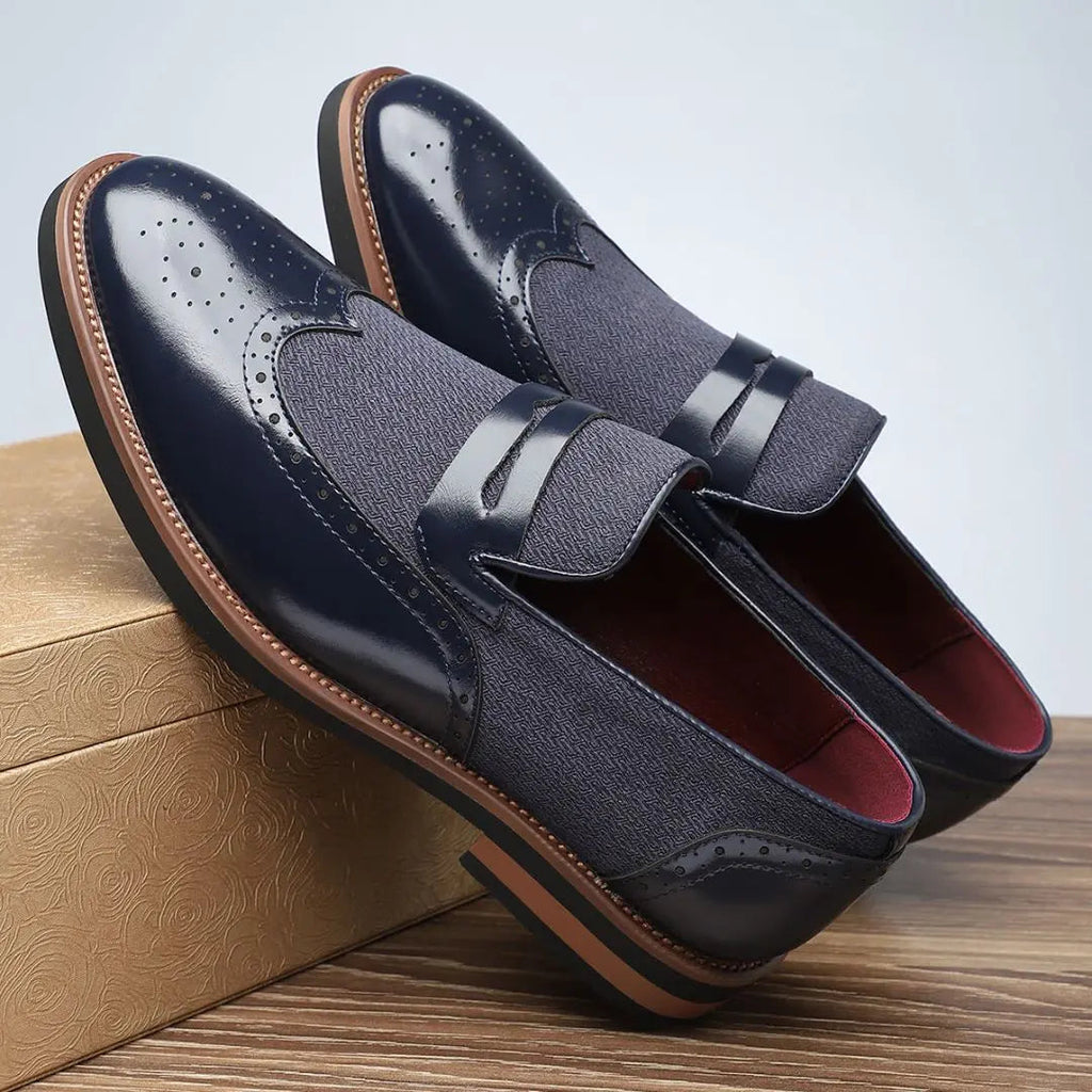 Men's Brogue Detail Slip-On Penny Loafers with Mixed Materials