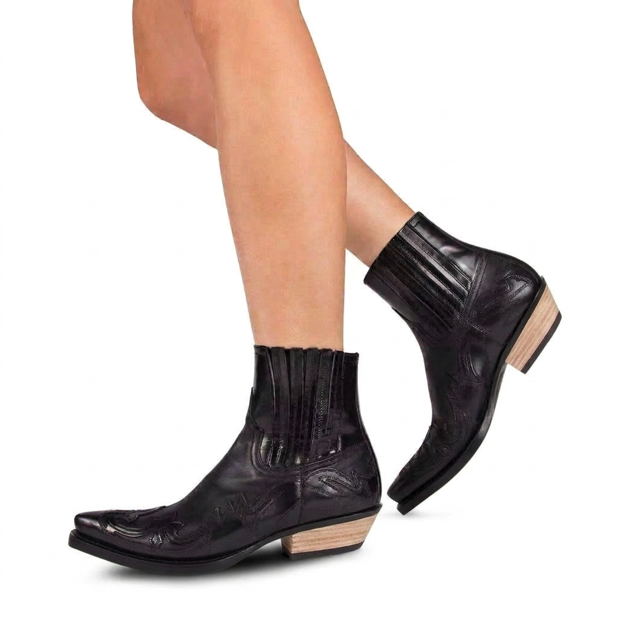 Women’s Western-Style Ankle Boots with Elastic Side Panels and Block Heel