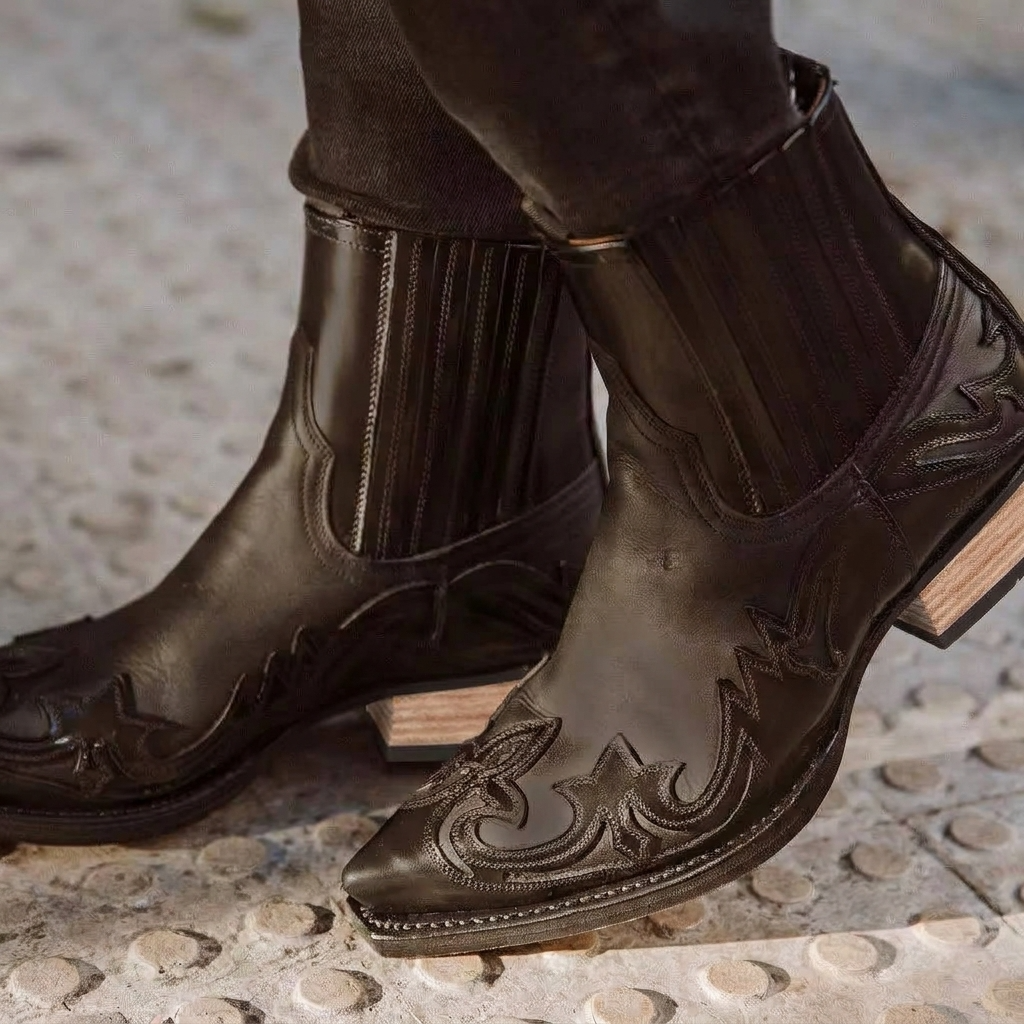 Women’s Western-Style Ankle Boots with Elastic Side Panels and Block Heel