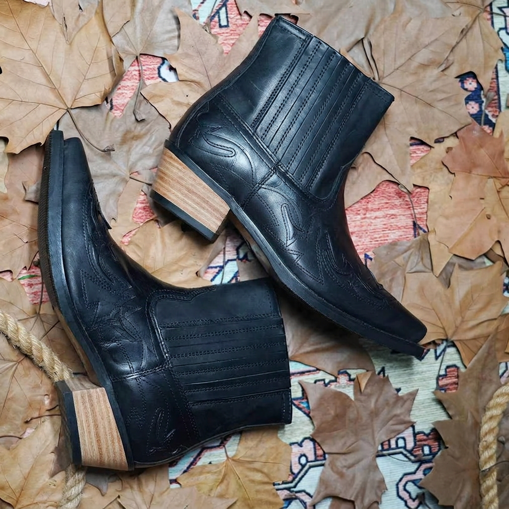 Women’s Western-Style Ankle Boots with Elastic Side Panels and Block Heel