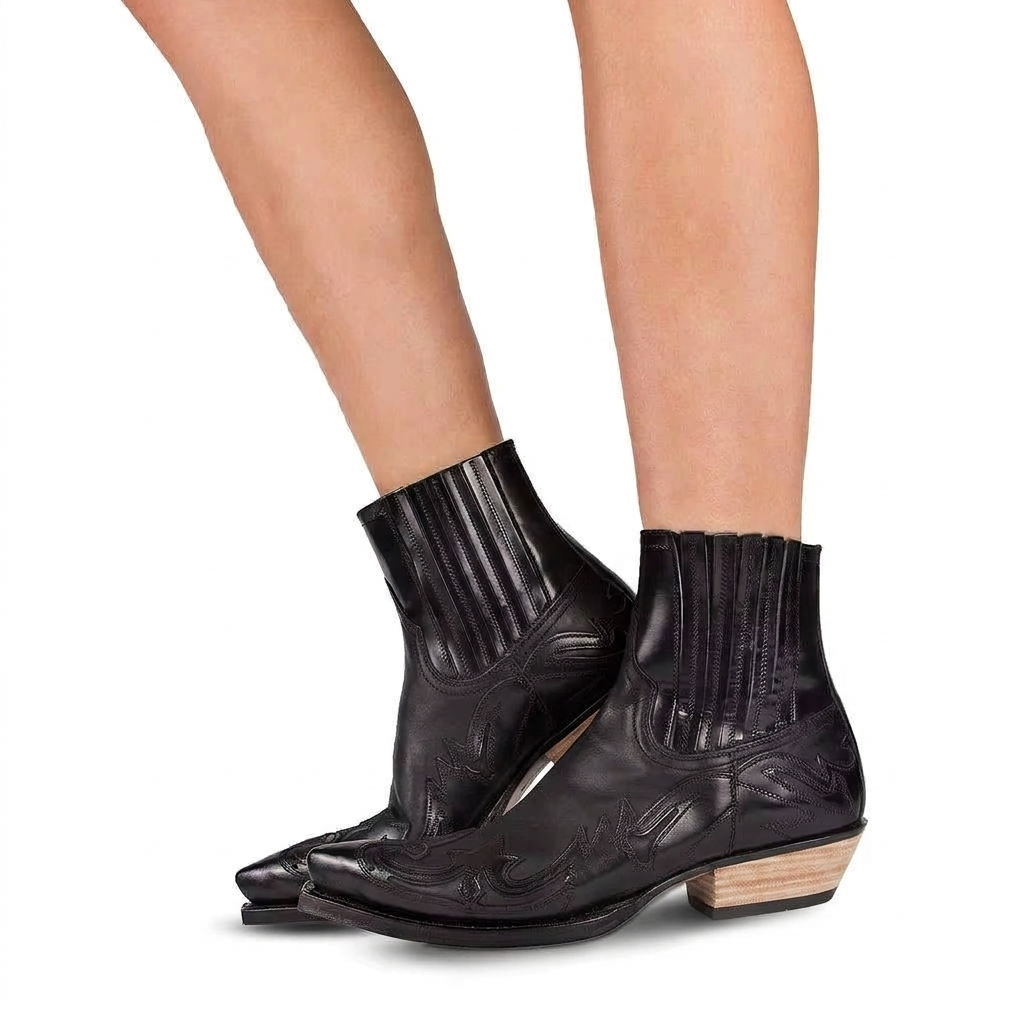 Women’s Western-Style Ankle Boots with Elastic Side Panels and Block Heel