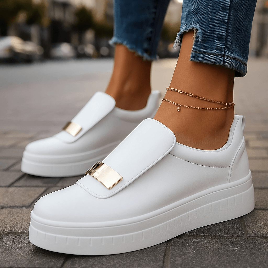 Women's Leather Slip-On Platform Shoes - Metal Hardware Detail