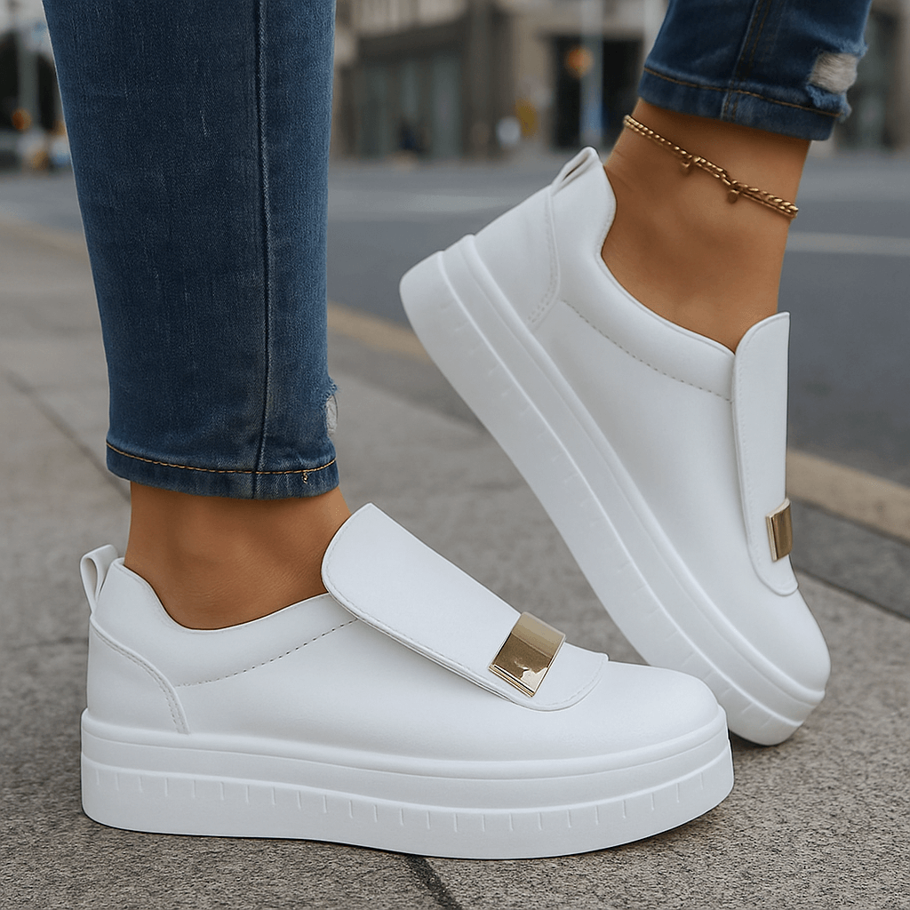 Women's Leather Slip-On Platform Shoes - Metal Hardware Detail