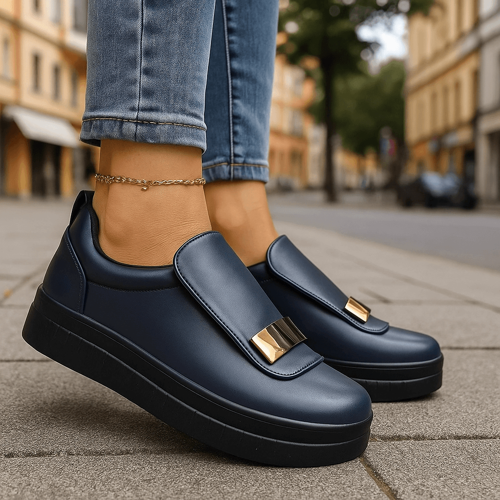 Women's Leather Slip-On Platform Shoes - Metal Hardware Detail