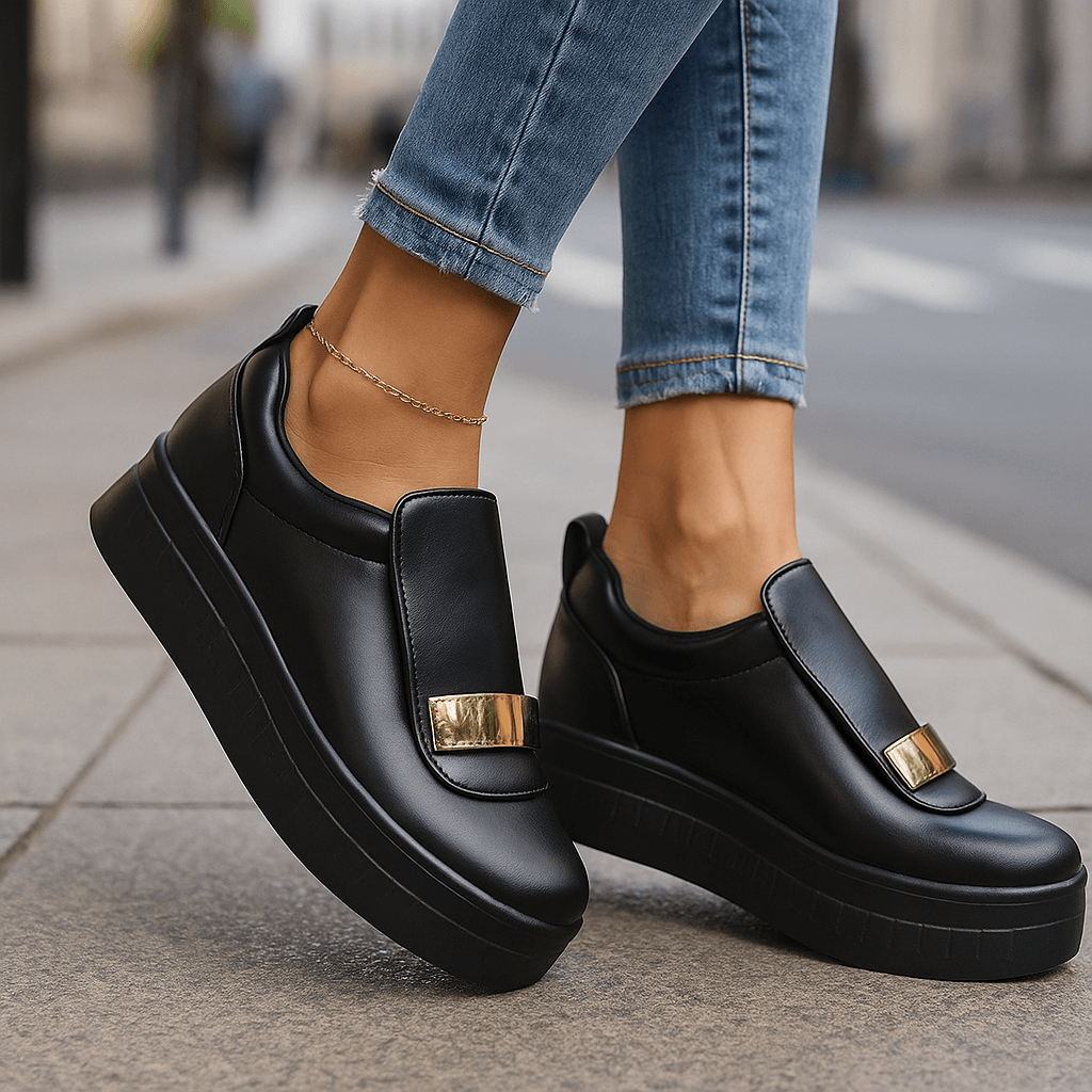 Women's Leather Slip-On Platform Shoes - Metal Hardware Detail