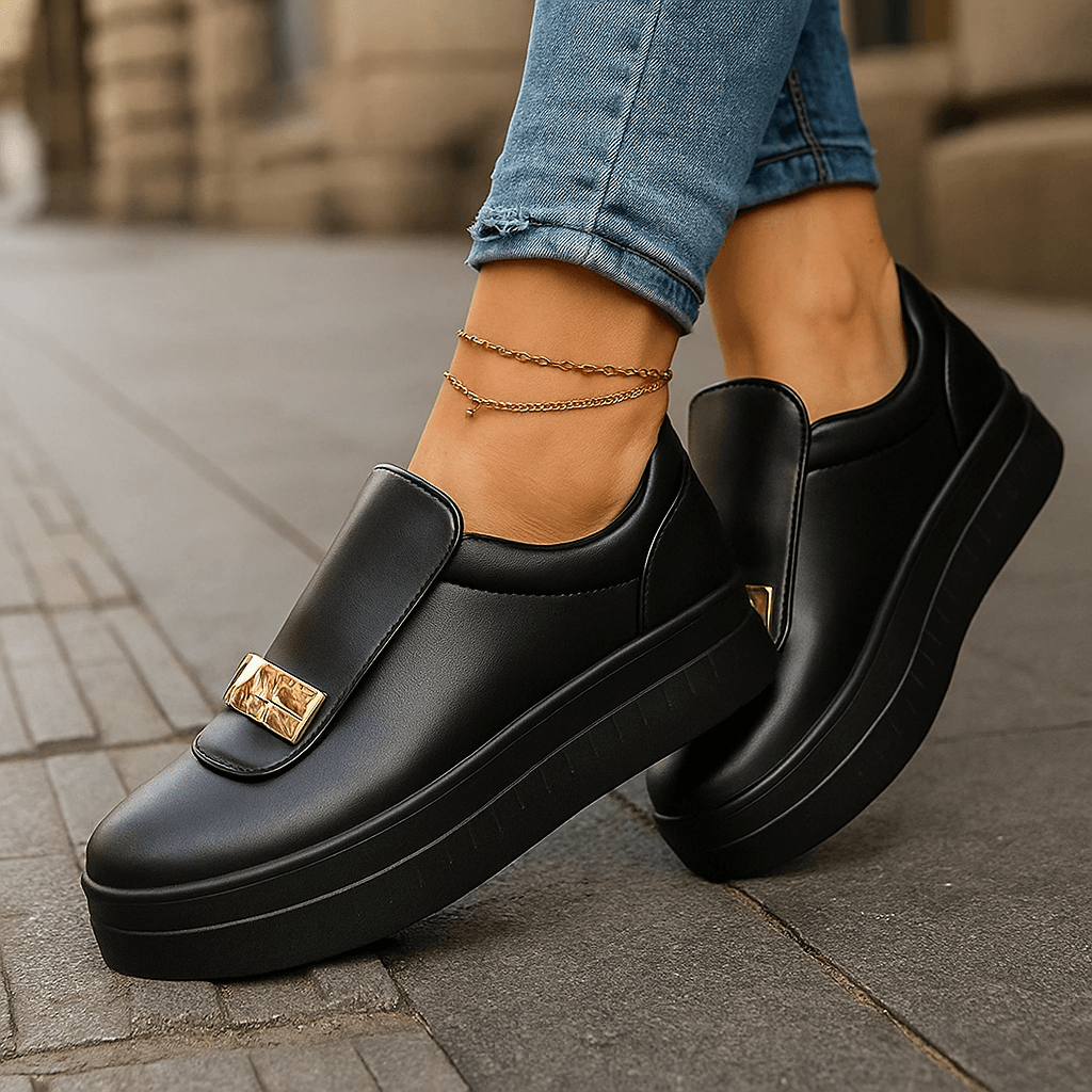 Women's Leather Slip-On Platform Shoes - Metal Hardware Detail