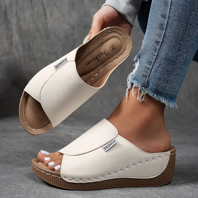 Women's Open Toe Slide Sandals - Wide Band - Wedge Platform Sole