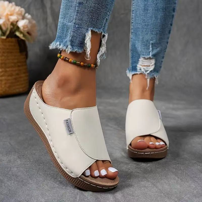 Women's Open Toe Slide Sandals - Wide Band - Wedge Platform Sole