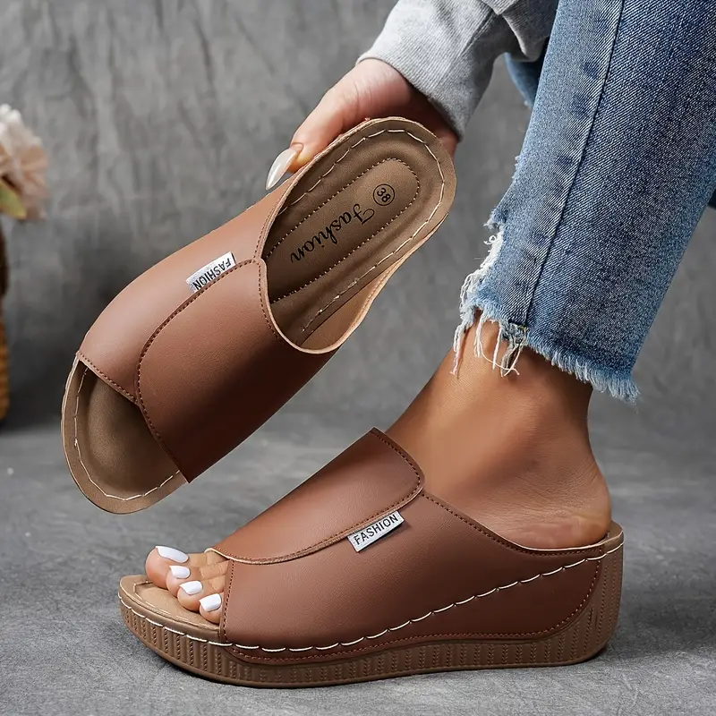 Women's Open Toe Slide Sandals - Wide Band - Wedge Platform Sole