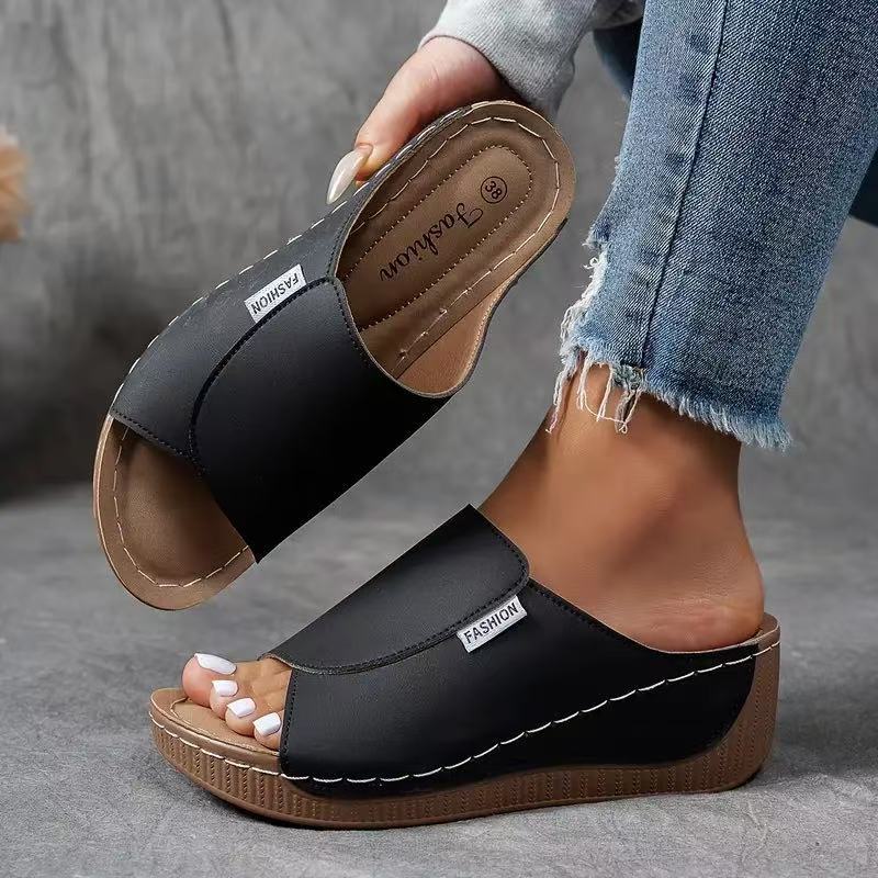Women's Open Toe Slide Sandals - Wide Band - Wedge Platform Sole