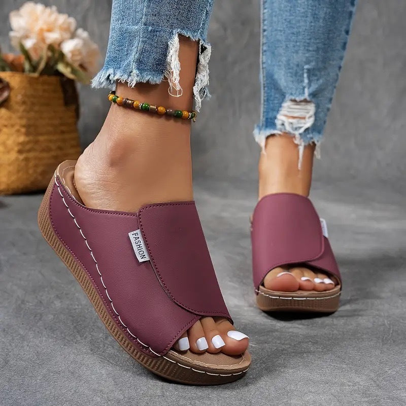 Women's Open Toe Slide Sandals - Wide Band - Wedge Platform Sole