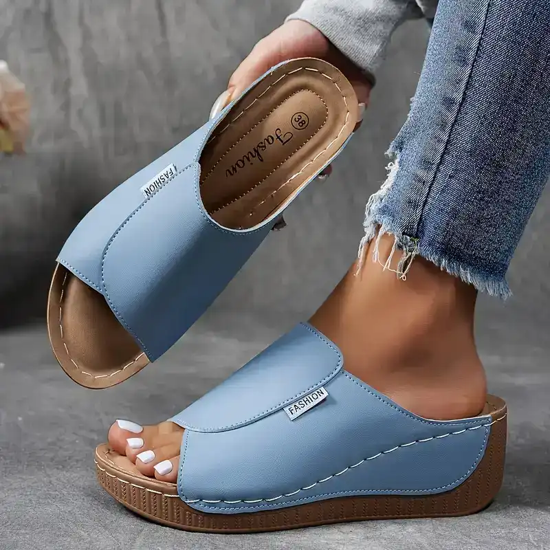 Women's Open Toe Slide Sandals - Wide Band - Wedge Platform Sole