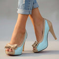 Women's Peep Toe Bow Platform Heels - Two-Tone Design