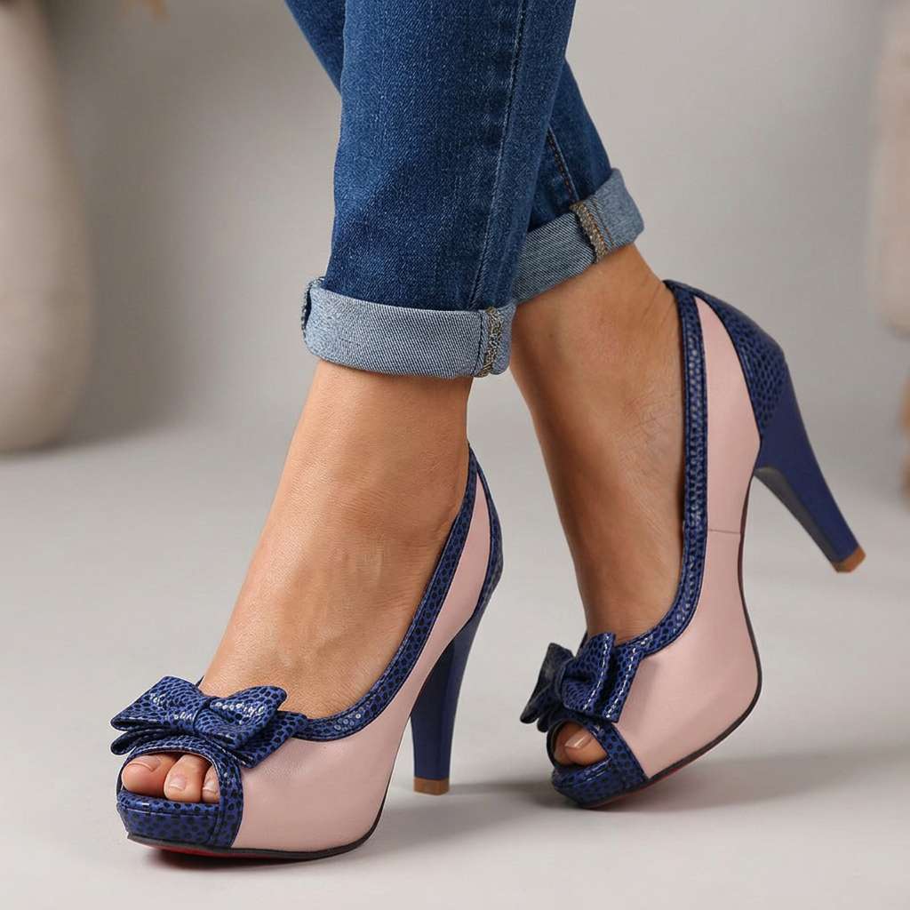 Women's Peep Toe Bow Platform Heels - Two-Tone Design