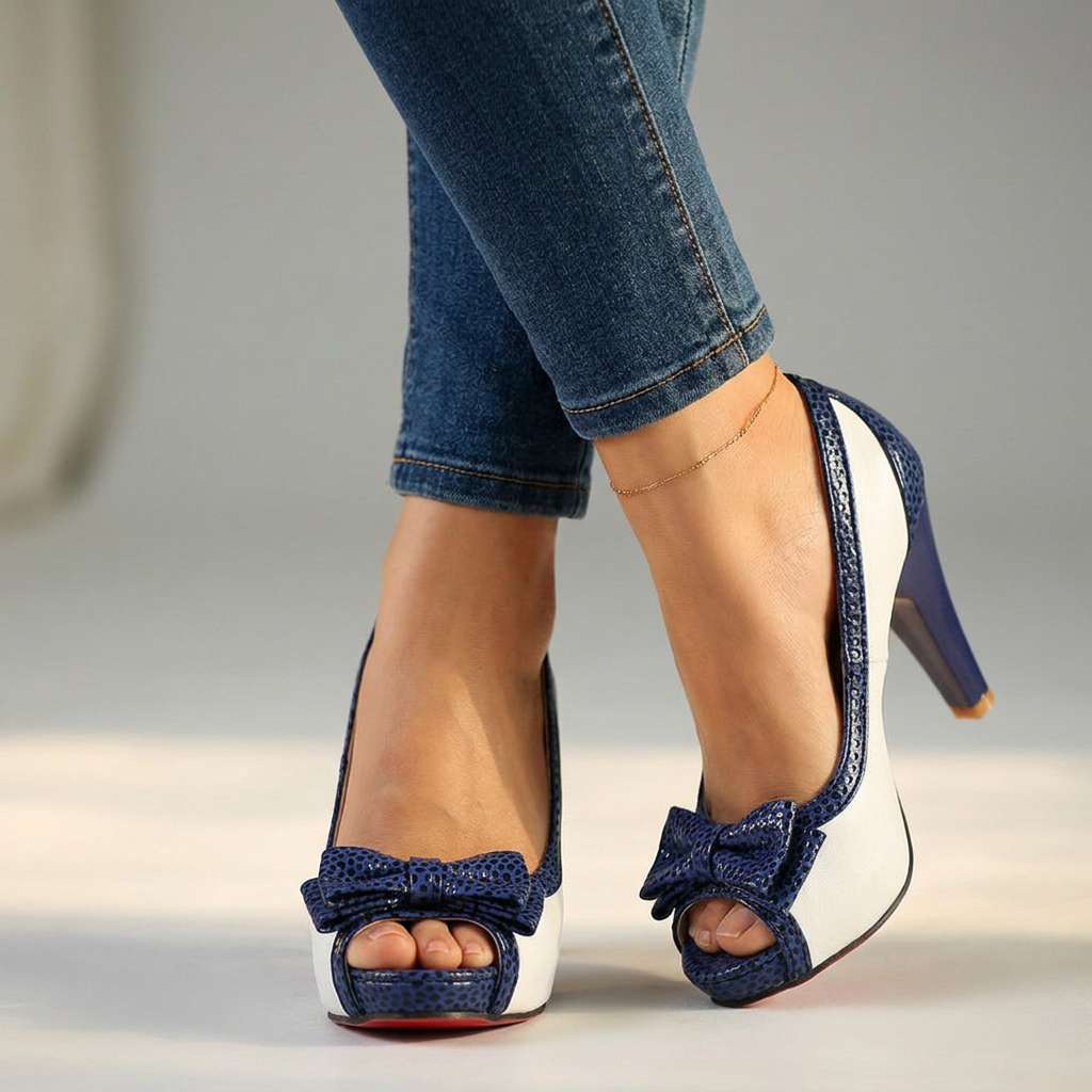 Women's Peep Toe Bow Platform Heels - Two-Tone Design