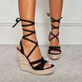 Women's Strappy Espadrille Wedge Sandals – Open Toe Calf Lace-Up Tie