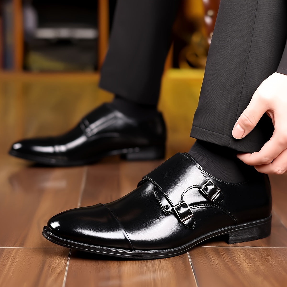 Men's Double Monk Strap Dress Shoes – Cap Toe Leather Slip-On
