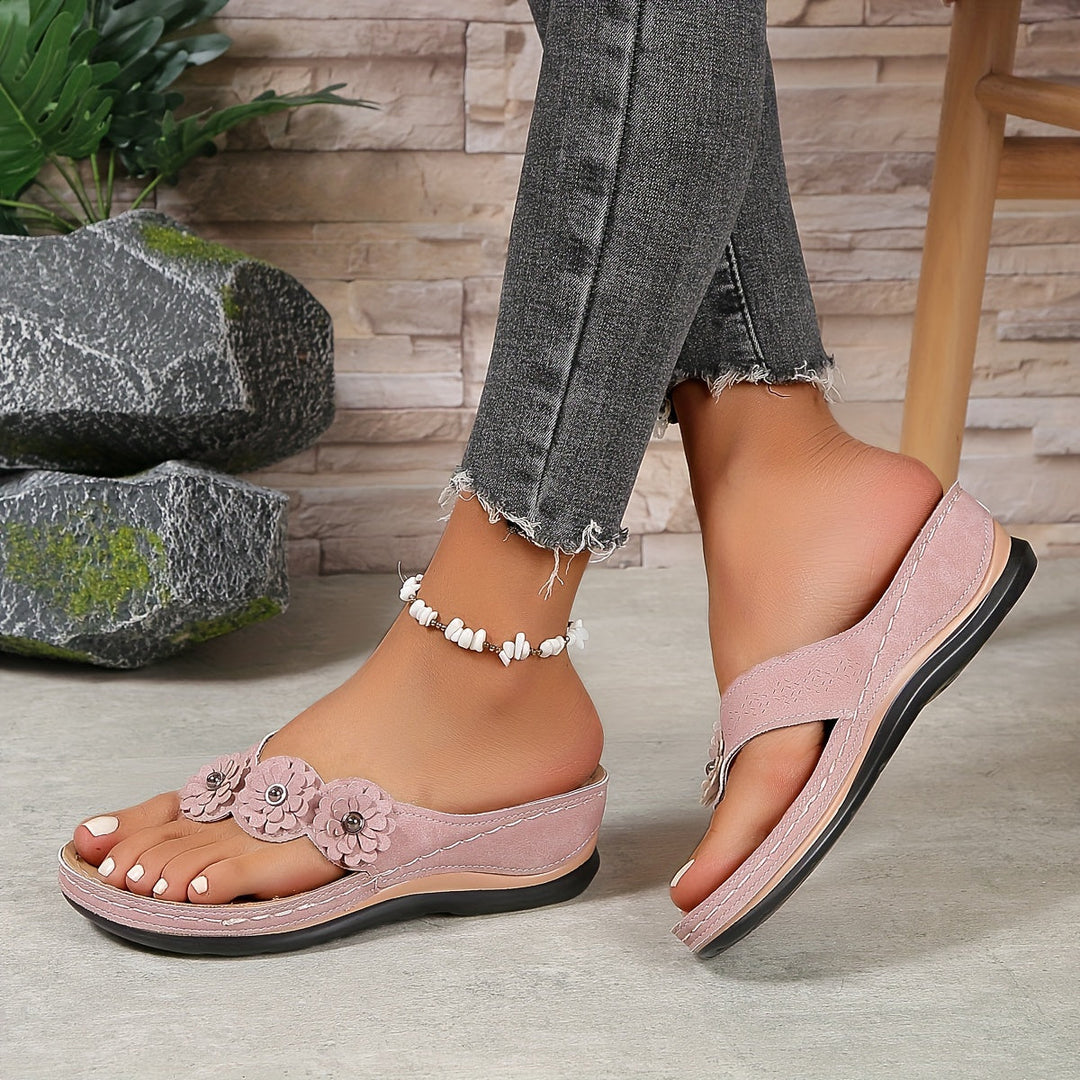 Women’s Open-Toe Sandals with Floral Strap and Wedge Sole