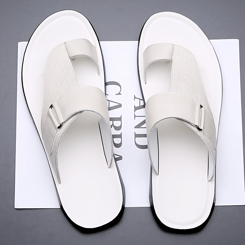 Men's Open Toe Leather Sandals – Toe Loop Slip-On with Geometric Embossed Strappy