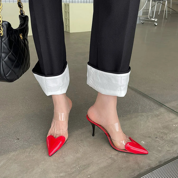 Women's Pointed Toe Clear Mule Heels - Heart Detail Stiletto Slip-On