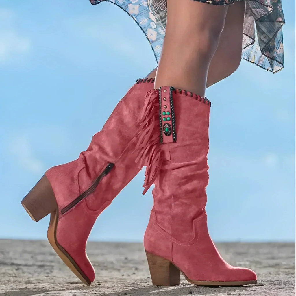 Women’s Mid-Calf Fringe Western Boots with Block Heel