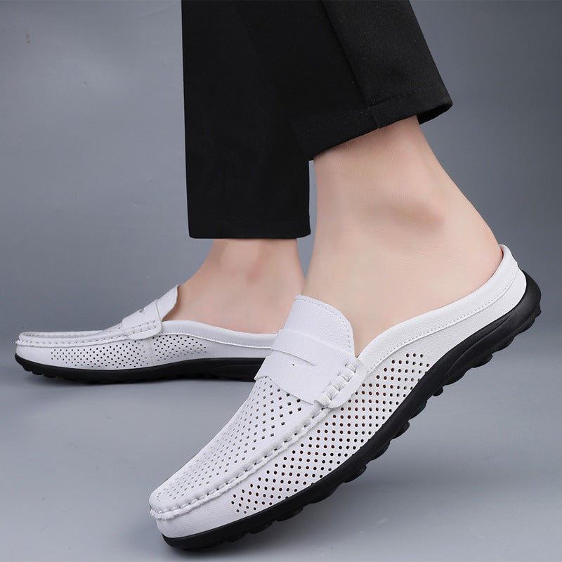 Men's Slip On Loafers Mule – Open Back Penny Tab Perforated Leather