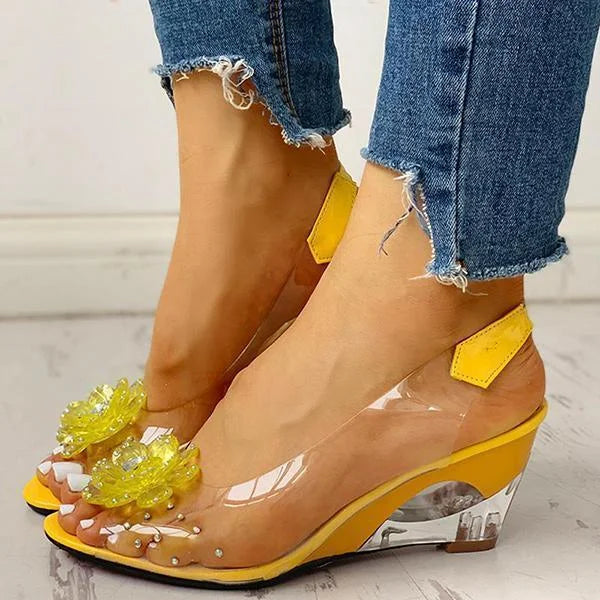 Women's Clear Wedge Sandals – Open Toe Slingback with Flower Crystal Detail
