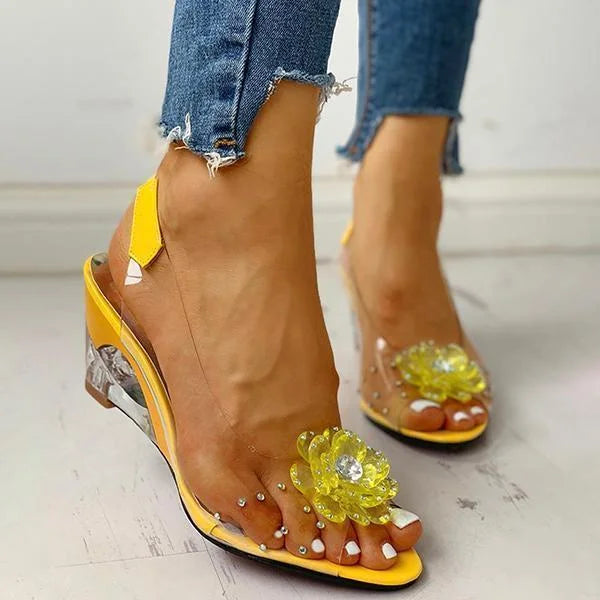 Women's Clear Wedge Sandals – Open Toe Slingback with Flower Crystal Detail