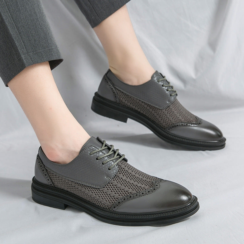 Men's Brogue Oxford Shoes – Lace-Up Round Toe with Mesh Panel Upper and Low Heel