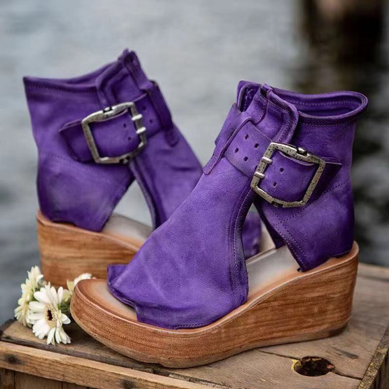 Women's Open Toe Wedge Sandals - Buckle Closure - Platform Ankle