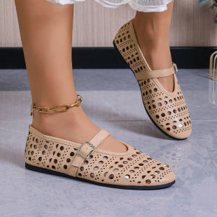 Women's Ballet Flats – Round Toe Cutout Upper with Mary Jane Buckle Strap and Flat Sole