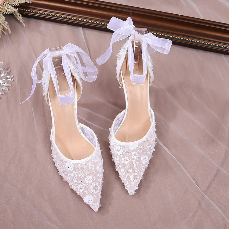 Women's White Pointed Toe Lace Heels - Ribbon Ankle Tie Floral Stiletto Pumps