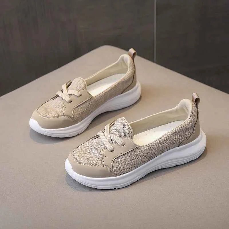 Women's Lace-Up Platform Sneakers - Mixed Material Low-Top