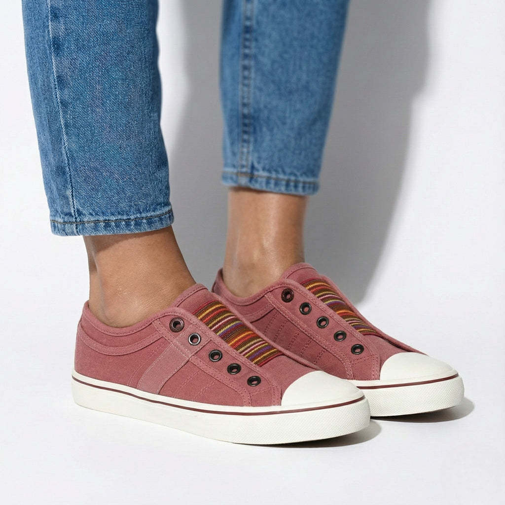 Women's Slip-On Canvas Sneakers – Round Toe Low-Top with Elastic Panel and Flat Sole