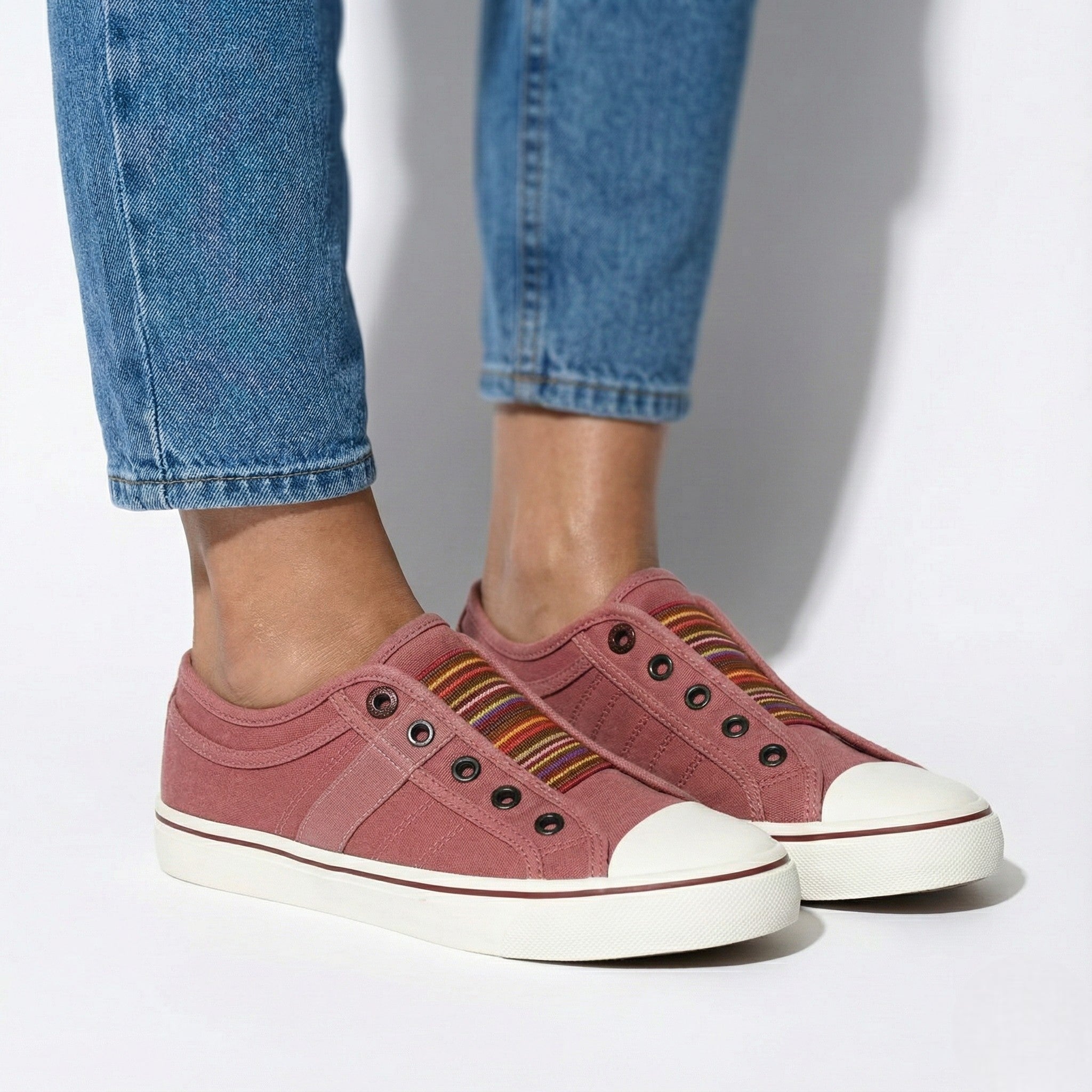 Women's Slip-On Canvas Sneakers – Round Toe Low-Top with Elastic Panel and Flat Sole