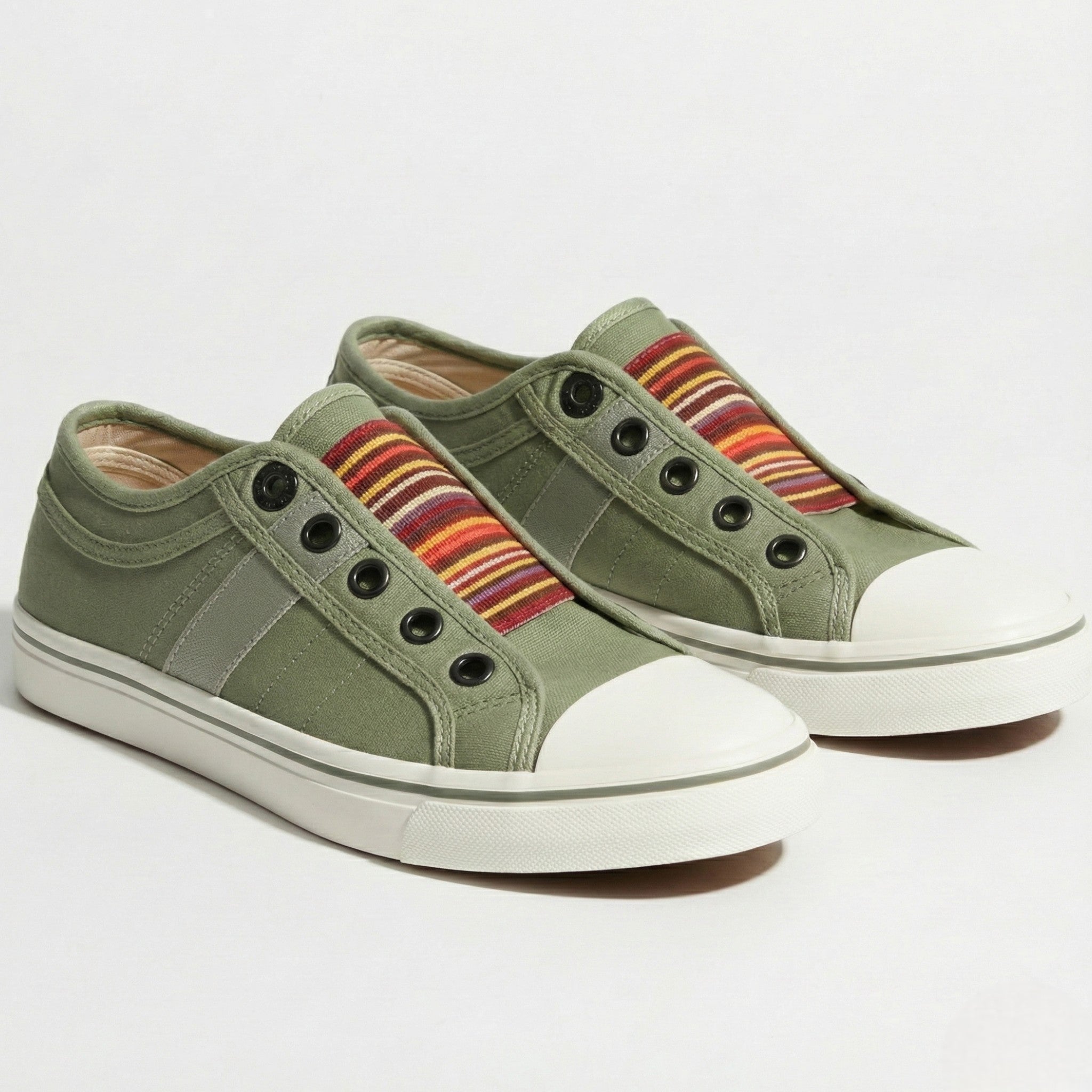 Women's Slip-On Canvas Sneakers – Round Toe Low-Top with Elastic Panel and Flat Sole