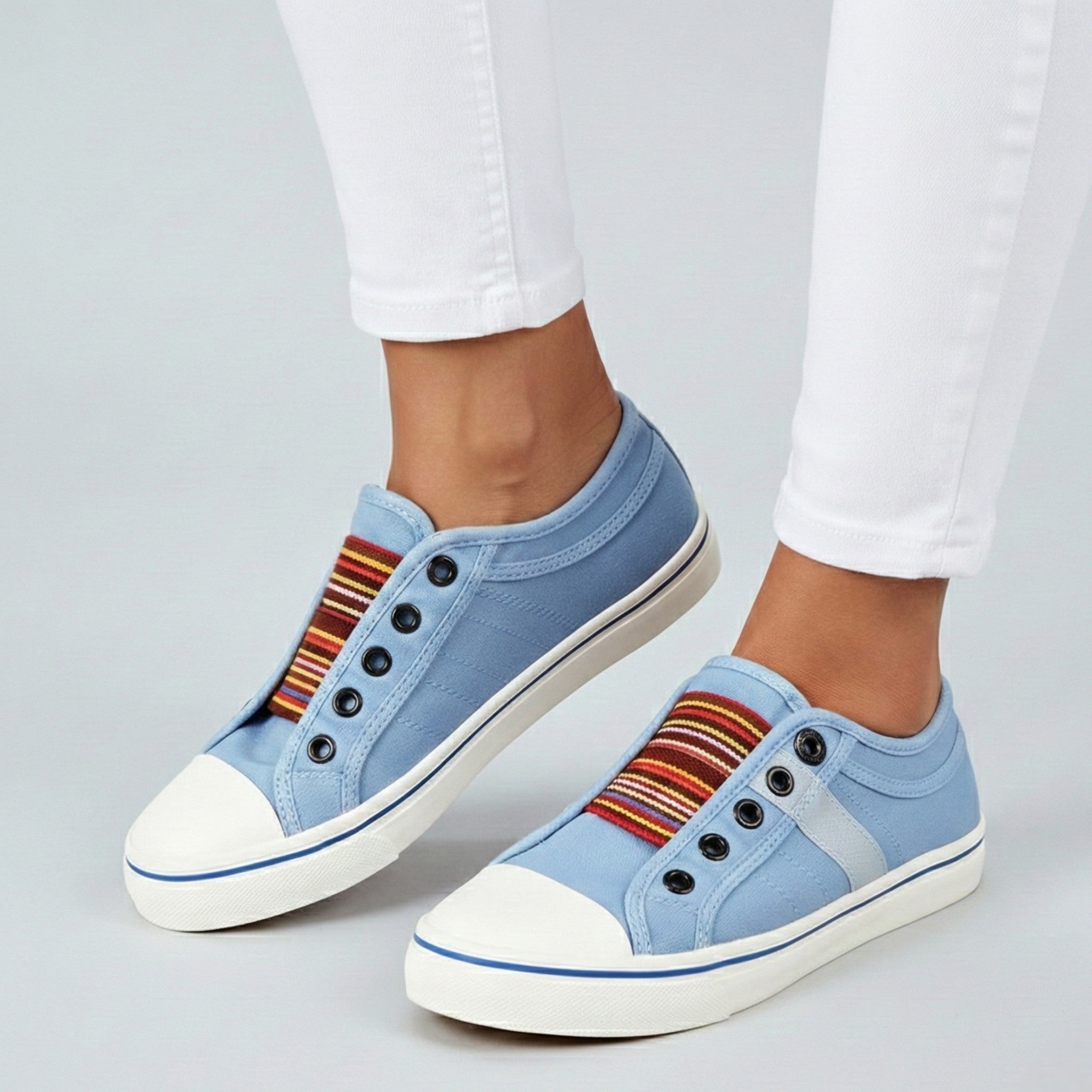 Women's Slip-On Canvas Sneakers – Round Toe Low-Top with Elastic Panel and Flat Sole