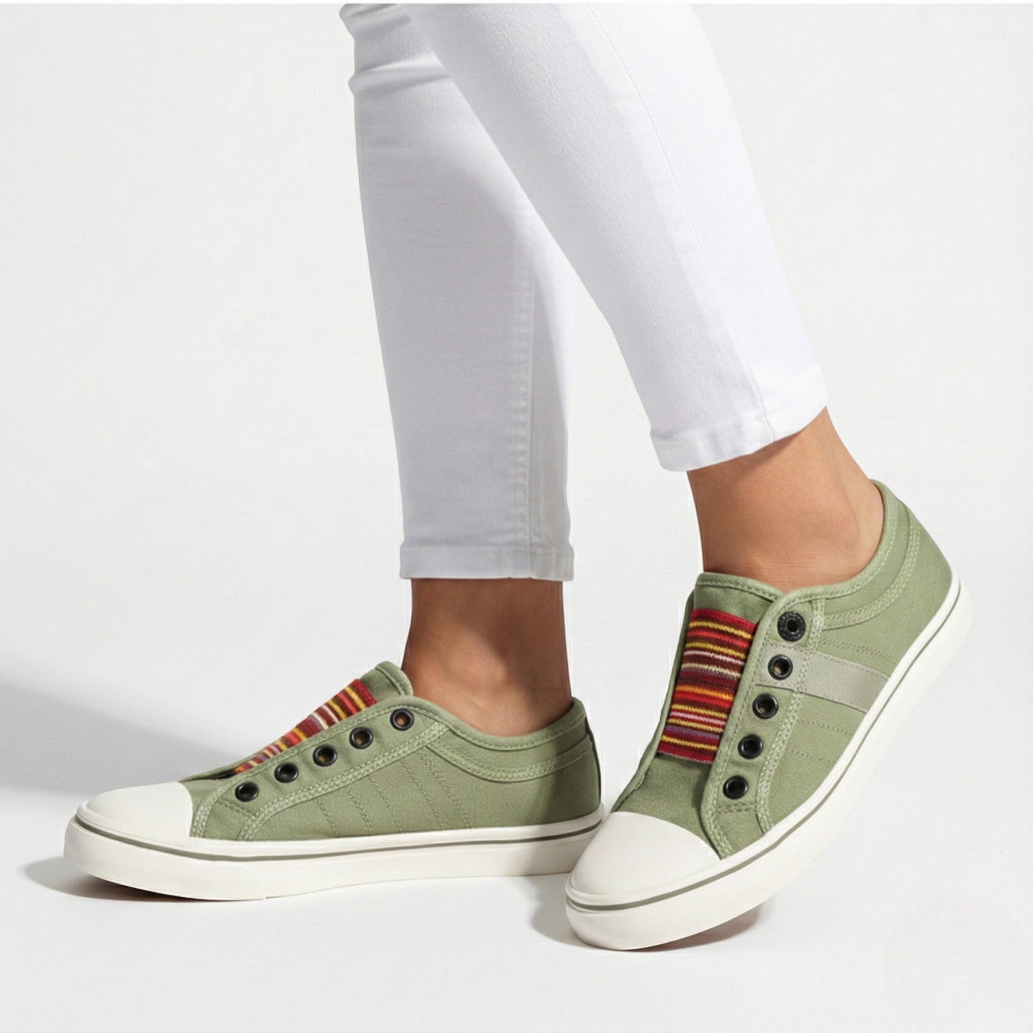 Women's Slip-On Canvas Sneakers – Round Toe Low-Top with Elastic Panel and Flat Sole
