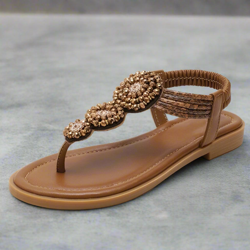 Women’s Flat Open Toe Sandals with Decorative Front Detail and Slip-On Design