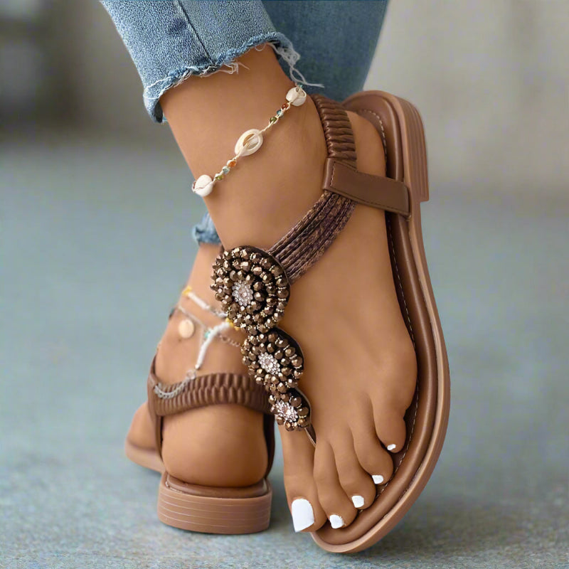 Women’s Flat Open Toe Sandals with Decorative Front Detail and Slip-On Design
