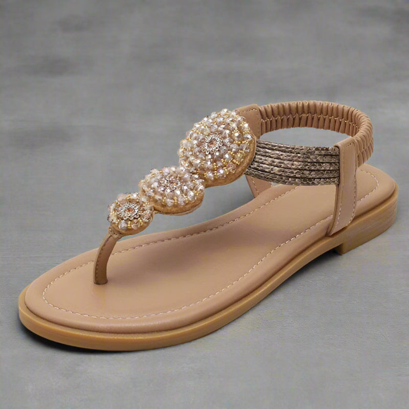 Women’s Flat Open Toe Sandals with Decorative Front Detail and Slip-On Design